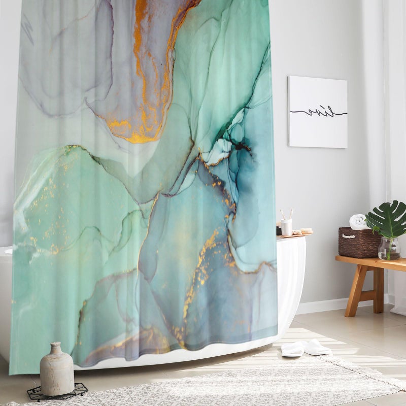 Gibelle Abstract Marble Shower Curtain Blue Green Purple Jade Texture Gold Stripes Ombre Watercolor Paint Modern Ink Art Decor Waterproof Fabric Shower Curtain for Bathroom Set with Hooks 71x71