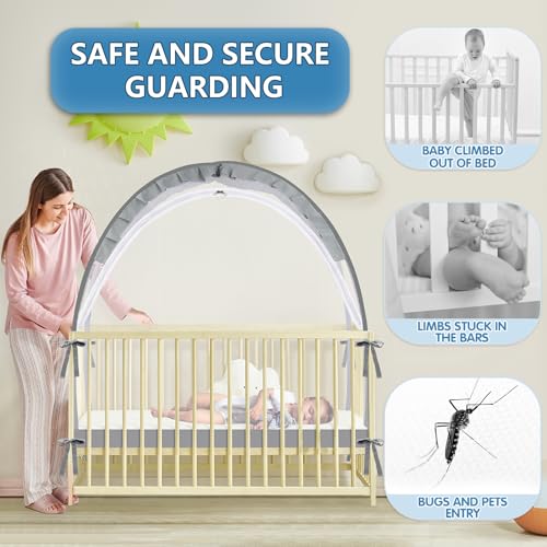 Zkaitoy Crib Tent Crib Net to Keep Baby in Stop Baby from Climbing Out of Crib Pop Up Baby Crib Tent with Double Zip Strong Rods and Breathable Net Clear Visibility Easy to Install Grey Large - Image 3