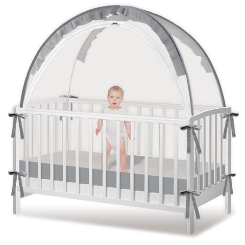 Zkaitoy Crib Tent Crib Net to Keep Baby in Stop Baby from Climbing Out of Crib Pop Up Baby Crib Tent with Double Zip Strong Rods and Breathable Net Clear Visibility Easy to Install Grey Large - Image 1