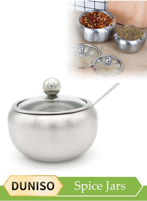 Stainless Steel Spice Jar, Multifunctional Seasoning Box, Food Storage Container, Equipped With Spoon And Lid, High Temperature Resistance, Rust Prevention, Suitable For Storing Sugar, Salt, Seasoning, Pepper, 350ml