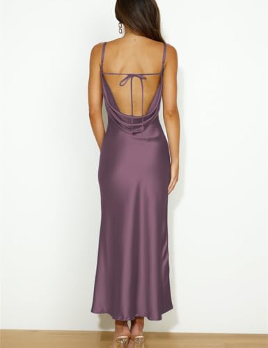 Mogidol Summer Satin Spaghetti Strap Cowl Neck Backless Midi Dresses for Women Elegant Tie Low Back Ruched Cocktail Dress Grape - Image 2