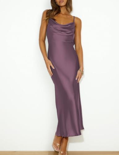 Mogidol Summer Satin Spaghetti Strap Cowl Neck Backless Midi Dresses for Women Elegant Tie Low Back Ruched Cocktail Dress Grape - Image 4