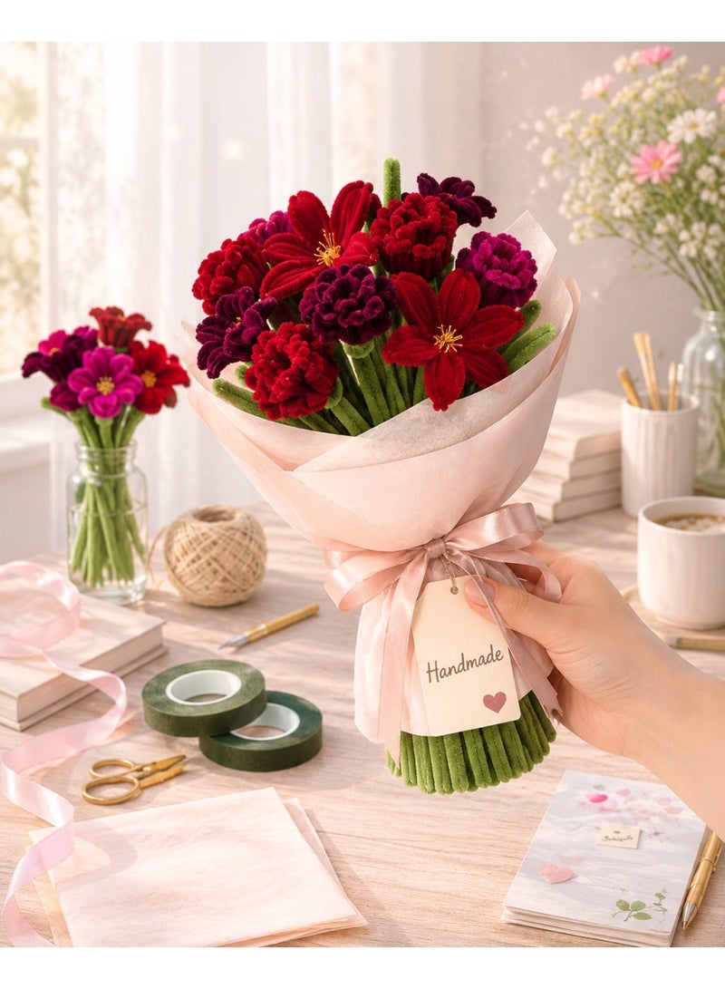 طقم صنع بوكيه زهور من سيقان الشينيل مع 400 ساق شينيل و20 ساق زهور و150 مدقة زهرة و2 شريط زهور وشريط حرفي - Image 5
