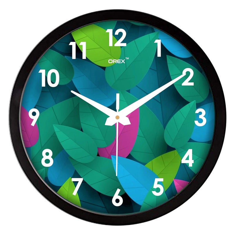 OREX Stylish Leaves Design Analog Wall Clock for Home/Living Room/Bedroom/Kitchen/Office/Kids Room (Black-003)(Plastic) - Image 1