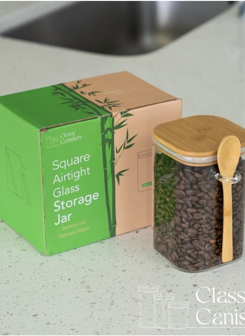 Excefore - Square Glass Jar - 40 Ounce with Bamboo Lid & Spoon - Airtight Coffee Container for Coffee, Tea, Flour, Sugar, Spices, and More - Functional and Decorative. - Image 1