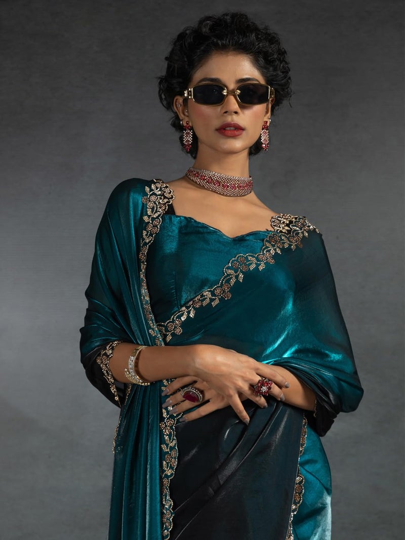 SAREE MALL Women's Teal blue Satin Silk Beads & Stones Saree With Unstitched Blouse Piece (MORPNKH1161D_MK) - Image 5