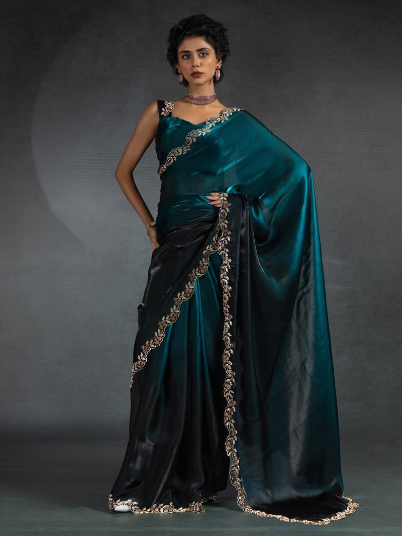 SAREE MALL Women's Teal blue Satin Silk Beads & Stones Saree With Unstitched Blouse Piece (MORPNKH1161D_MK) - Image 3