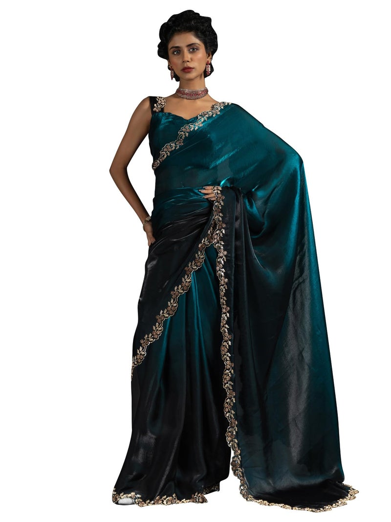 SAREE MALL Women's Teal blue Satin Silk Beads & Stones Saree With Unstitched Blouse Piece (MORPNKH1161D_MK) - Image 1