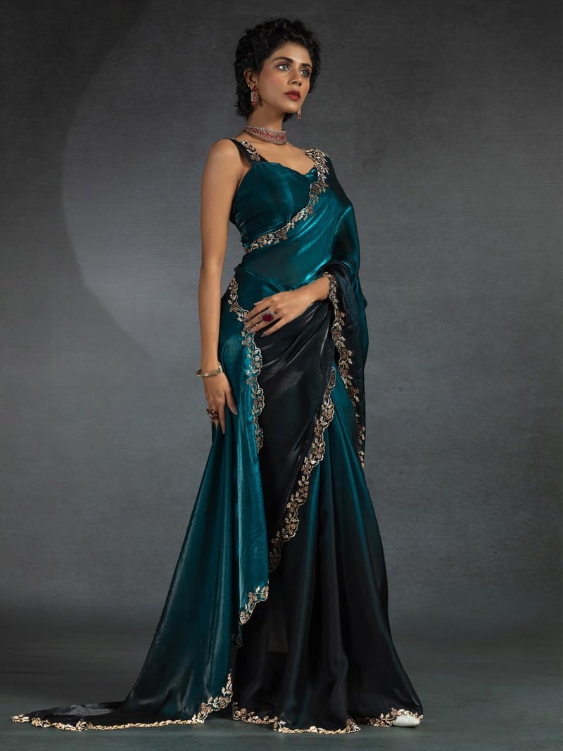 SAREE MALL Women's Teal blue Satin Silk Beads & Stones Saree With Unstitched Blouse Piece (MORPNKH1161D_MK) - Image 4