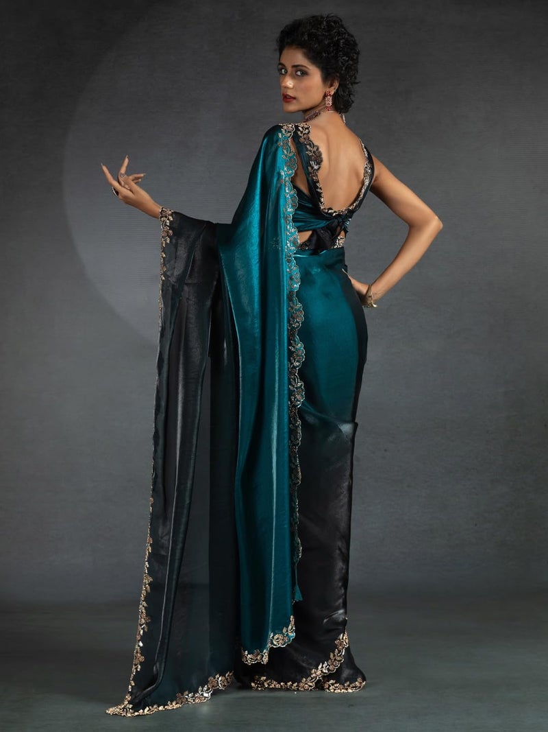 SAREE MALL Women's Teal blue Satin Silk Beads & Stones Saree With Unstitched Blouse Piece (MORPNKH1161D_MK) - Image 2