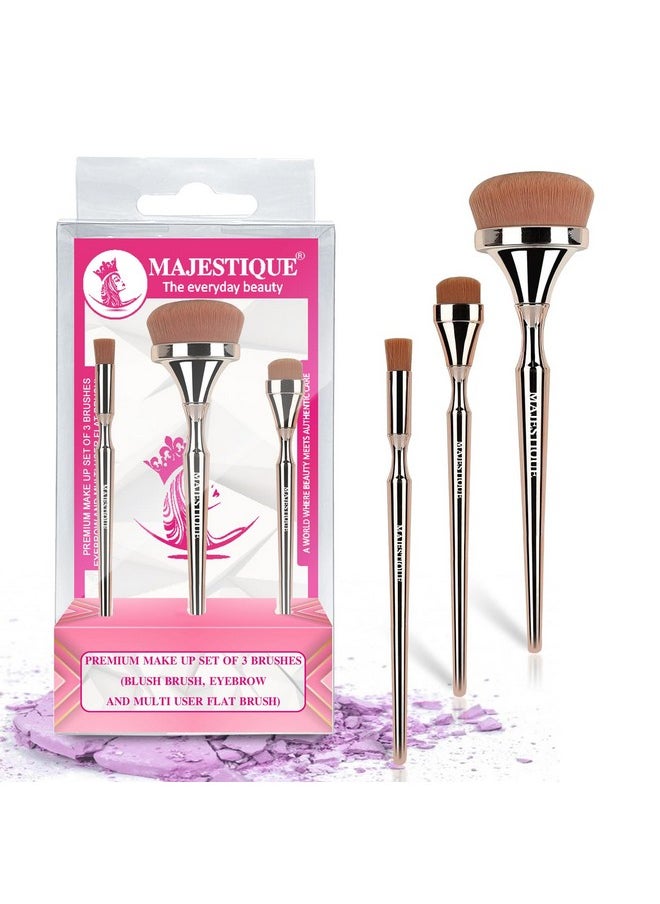 MAJESTIQUE MAJESTIQUE Blush Brush, Eyebrow And Multi-Use Flat Brush | Professional Makeup Brush Set | Soft, Silky, Synthetic Brushes For Face, Cheek And Eye Makeups | Luminous Hd Brushes - 3Pcs  - Image 1