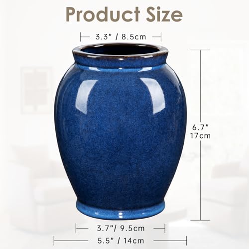 Hollyone Blue Large Ceramic Vases for Flowers Navy Blue Glazed Pottery Vases Rustic Modern Farmhouse Distressed Decorative Vase for Home Kitchen Mantel Shelf Living Room Table Centerpiece Decor 67 Inch Tall - Image 3