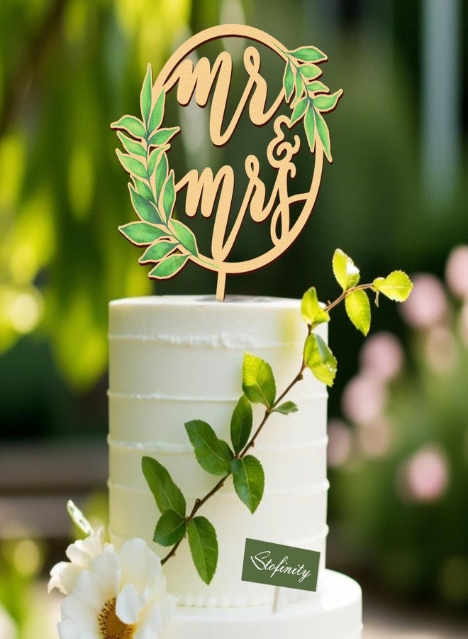 Stofinity Rustic Wedding Cake Toppers Bride And Groom - Boho Mr And Mrs Cake Topper, Wood Mr And Mrs Sign For Engagement Bridal Shower Decor, Sage Green Wedding Cake Decorations - Image 1