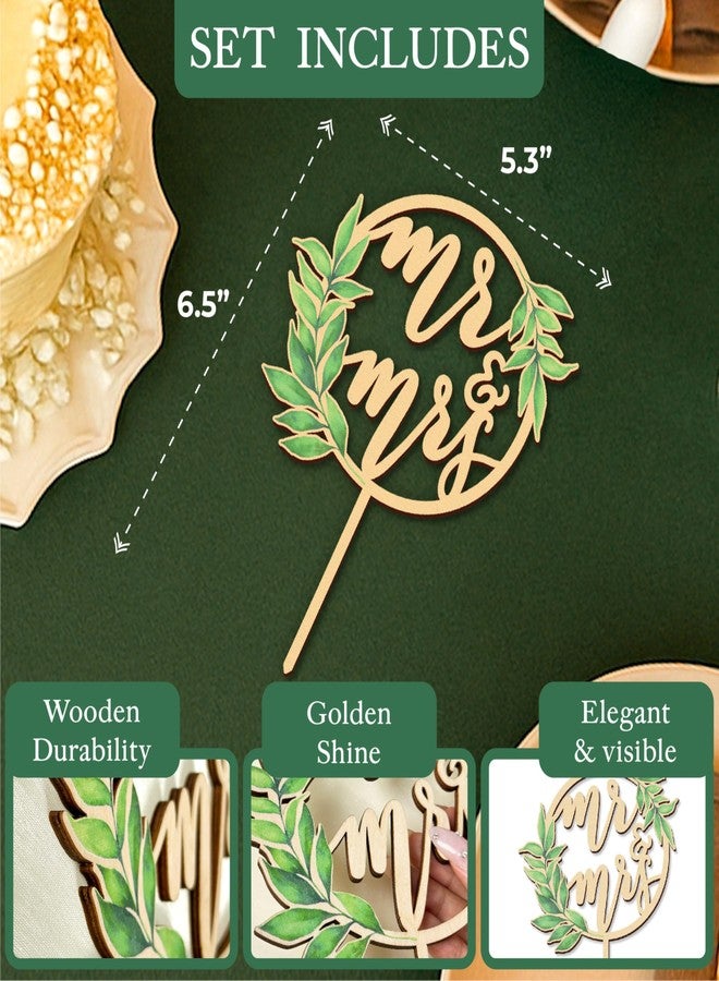 Stofinity Rustic Wedding Cake Toppers Bride And Groom - Boho Mr And Mrs Cake Topper, Wood Mr And Mrs Sign For Engagement Bridal Shower Decor, Sage Green Wedding Cake Decorations - Image 2