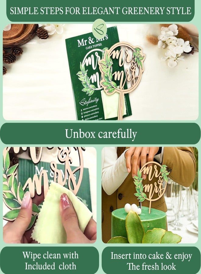 Stofinity Rustic Wedding Cake Toppers Bride And Groom - Boho Mr And Mrs Cake Topper, Wood Mr And Mrs Sign For Engagement Bridal Shower Decor, Sage Green Wedding Cake Decorations - Image 5