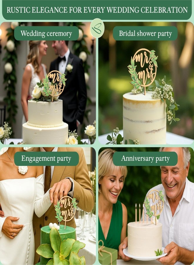 Stofinity Rustic Wedding Cake Toppers Bride And Groom - Boho Mr And Mrs Cake Topper, Wood Mr And Mrs Sign For Engagement Bridal Shower Decor, Sage Green Wedding Cake Decorations - Image 4