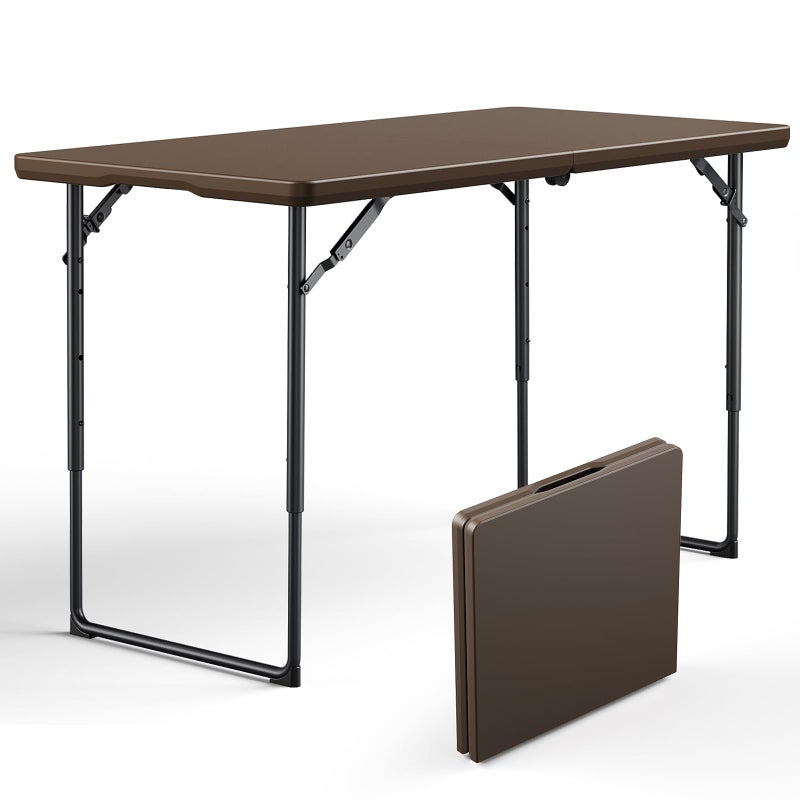 MAKE CHANGES Folding Table 4ft - Heavy Duty Fold-in-Half Plastic Table with Adjustable Height, Portable Utility Tables with Steel Legs for Indoor, Outdoor, Picnic, Camping, Dining, Party(Brown) - Image 1