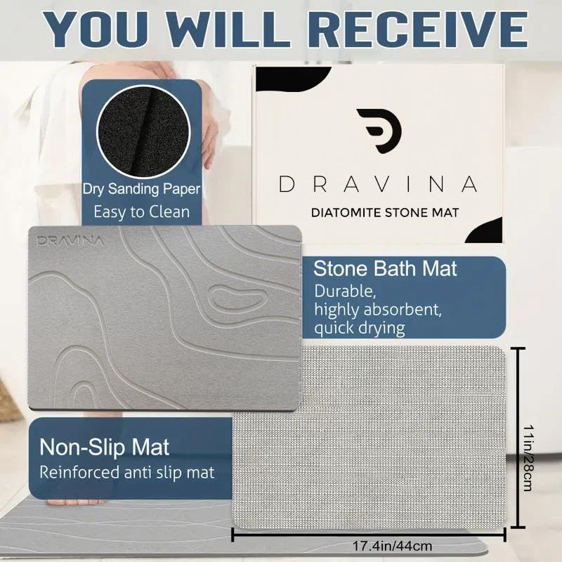 Dravina Stone Bath Mat, 60 x 40 CM - Diatomite Earth Shower Mat, Non-Slip Super Absorbent Quick Drying Bathroom, Kitchen Floor Mat, Counter Dish Drying Mat. Easy to Clean - Image 4