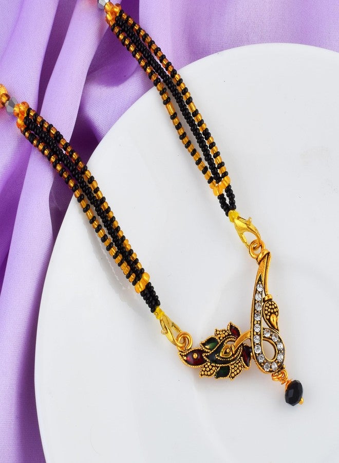 DULCI Peacock-Inspired CZ Studded Gold Plated Mangalsutra with Dual Chain & Color Enamel Work - Image 4