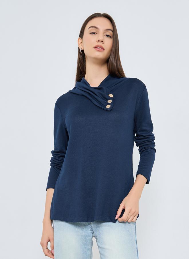 Take Two Navy Blue Long Sleeve Top with Button Detail - Image 1