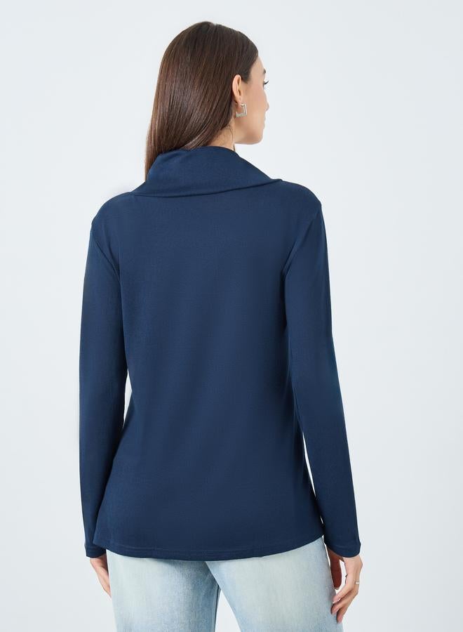 Take Two Navy Blue Long Sleeve Top with Button Detail - Image 4