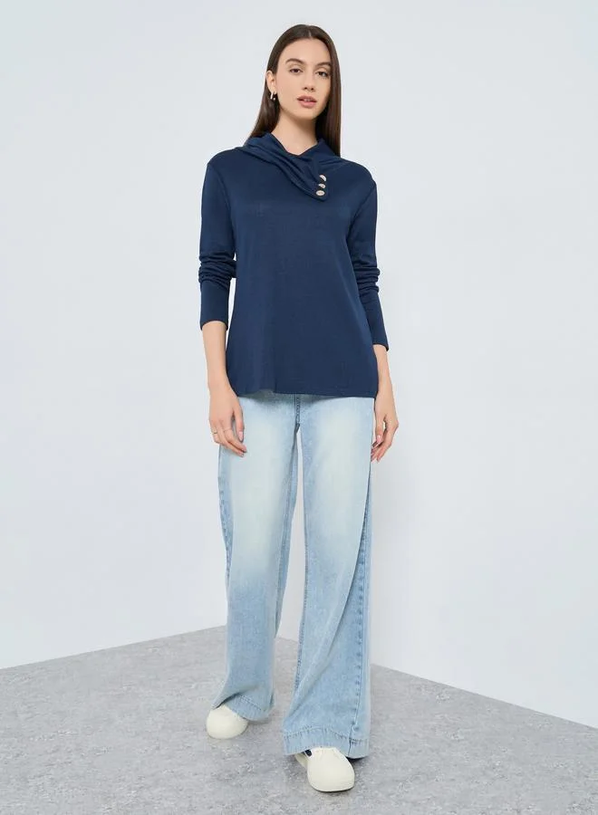 Take Two Take Two Navy Blue Long Sleeve Top with Button Detail