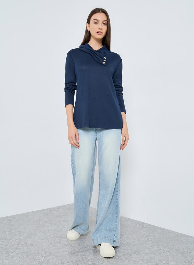 Take Two Navy Blue Long Sleeve Top with Button Detail - Image 2