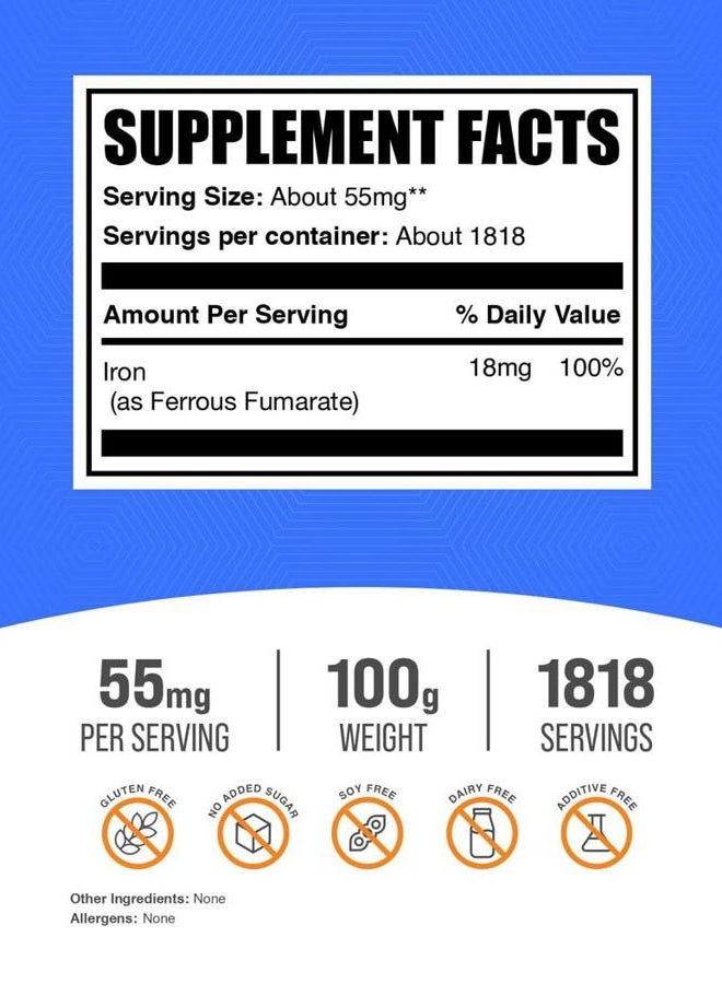 BulkSupplements .com مسحوق فومارات الحديد - مكمل الحديد - مكمل الحديد للنساء - مكملات الحديد للرجال - مكمل فومارات الحديد (100 جرام - 3.5 أونصة) - Image 2