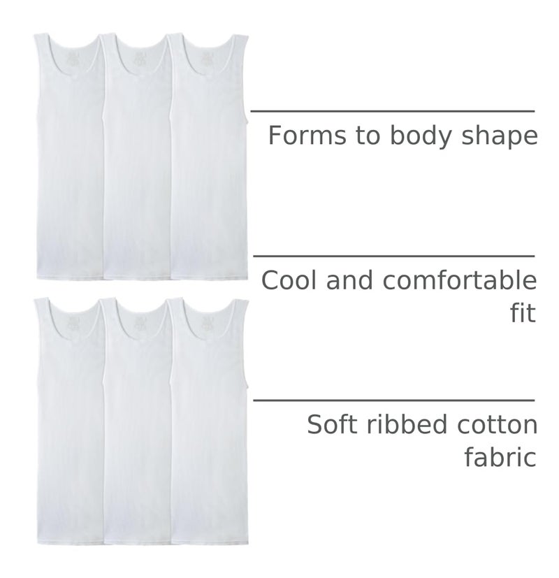 FRUIT OF THE LOOM قميص داخلي بدون أكمام للرجال من فواكه النسيج، بدون علامة ورطب، قماش مطاطي مضلع، 6 قطع - أبيض، كبير - Image 4