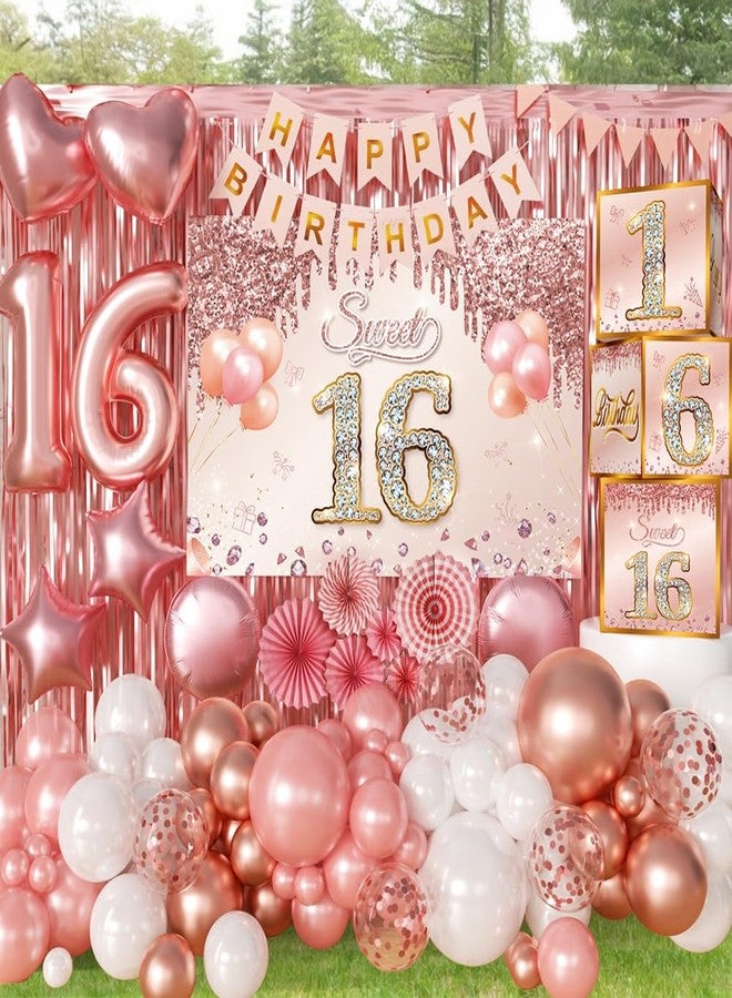 REZIPO Sweet 16 Party Decorations Pink Rose Gold Sixteen Birthday Party Supplies with Backdrop Banner Foil Balloons Tassel Curtain Balloon Garland Kit and Sweet 16 Boxes for Girl 16th Sweet Party (Rose Gold) - Image 5