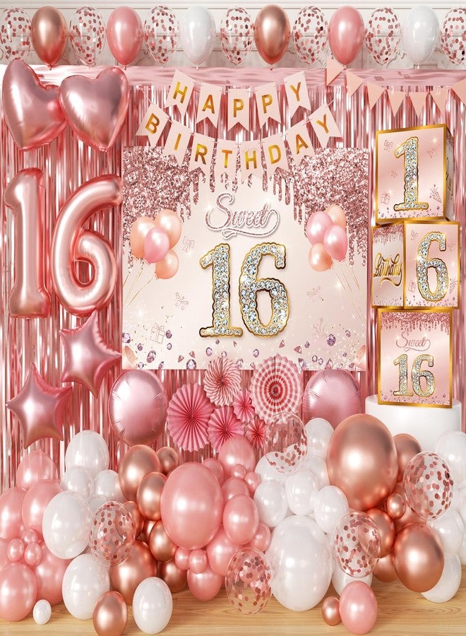 REZIPO Sweet 16 Party Decorations Pink Rose Gold Sixteen Birthday Party Supplies with Backdrop Banner Foil Balloons Tassel Curtain Balloon Garland Kit and Sweet 16 Boxes for Girl 16th Sweet Party (Rose Gold) - Image 1