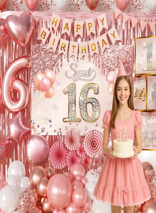 REZIPO Sweet 16 Party Decorations Pink Rose Gold Sixteen Birthday Party Supplies with Backdrop Banner Foil Balloons Tassel Curtain Balloon Garland Kit and Sweet 16 Boxes for Girl 16th Sweet Party (Rose Gold) - Image 2