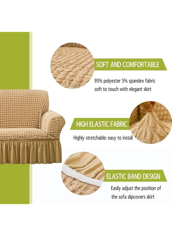 erorex Elastic Couch Cover With Skirt 1 Piece Easy Fitted Sofa Couch Cover Universal High Stretch Durable Furniture Protector Washable Soft Solid Color Sofa Cover For Living Room 3 Seater Beige  - Image 2