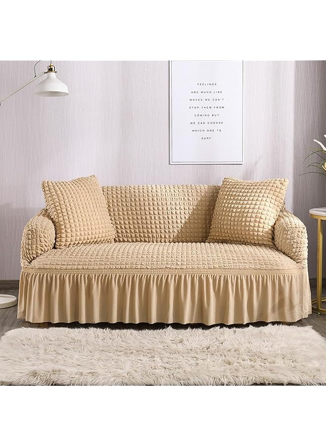 erorex Elastic Couch Cover With Skirt 1 Piece Easy Fitted Sofa Couch Cover Universal High Stretch Durable Furniture Protector Washable Soft Solid Color Sofa Cover For Living Room 3 Seater Beige  - Image 1