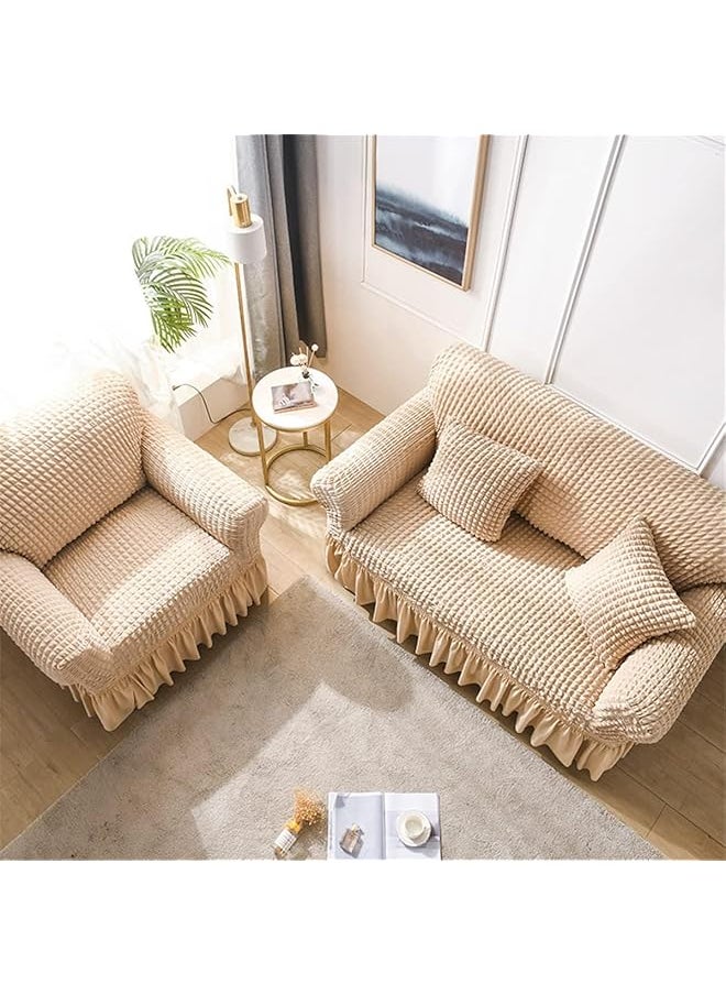erorex Elastic Couch Cover With Skirt 1 Piece Easy Fitted Sofa Couch Cover Universal High Stretch Durable Furniture Protector Washable Soft Solid Color Sofa Cover For Living Room 3 Seater Beige  - Image 5