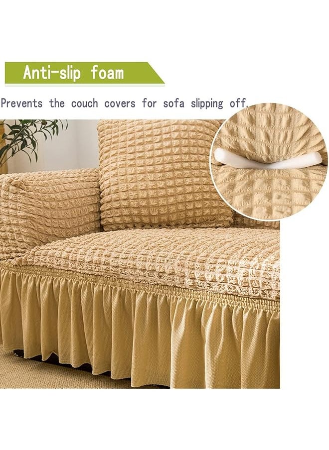 erorex Elastic Couch Cover With Skirt 1 Piece Easy Fitted Sofa Couch Cover Universal High Stretch Durable Furniture Protector Washable Soft Solid Color Sofa Cover For Living Room 3 Seater Beige  - Image 4
