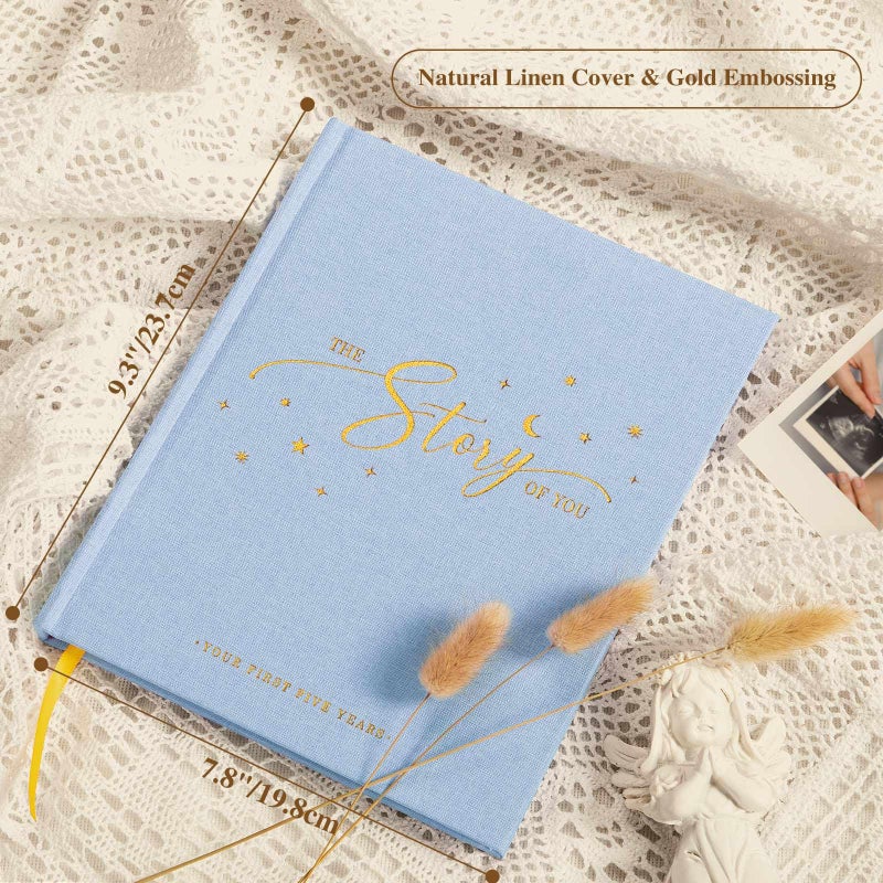 Lanpn Baby Memory Book - Linen Baby Book Memories Keepsake - The Story of You - Newborn Baby First 5 Year Journal Scrapbook Photo Book Milestone Album for Boy Girl New Parents (Blue, 154 Pages) - Image 2