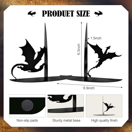 Nichake Metal Dragon Bookends Stoppers Holder Stand for Desk Shelf Cool Dragon Book Ends Decorative Fantasy Dragon Bookends for Bookshelf Decor - Image 3