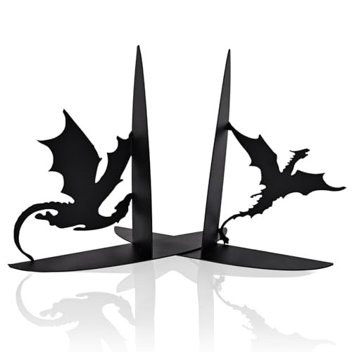 Nichake Metal Dragon Bookends Stoppers Holder Stand for Desk Shelf Cool Dragon Book Ends Decorative Fantasy Dragon Bookends for Bookshelf Decor - Image 1