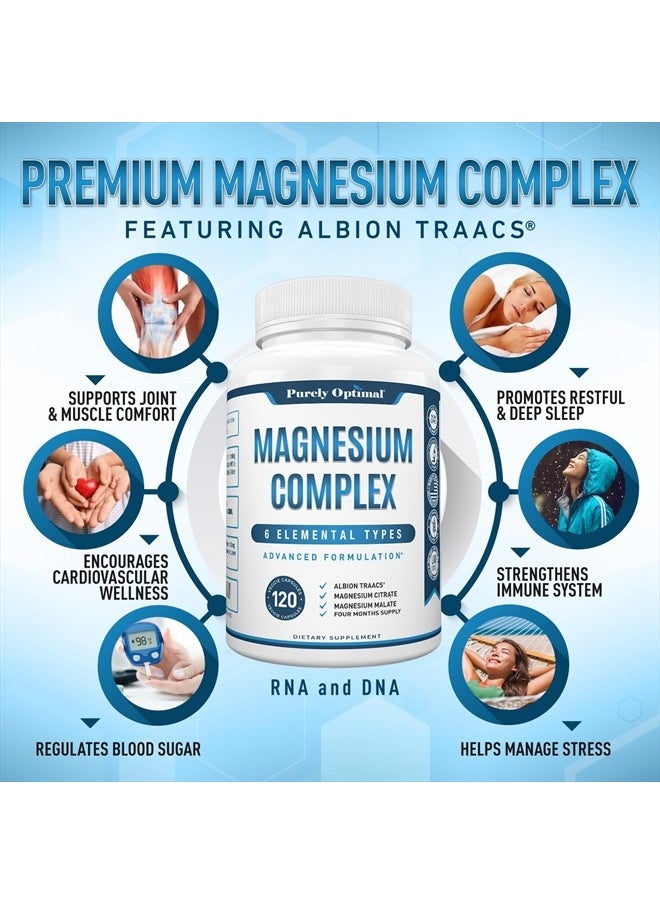 Purely Optimal - Magnesium Complex Supplement - Magnesium Citrate, Malate, Taurate, Oxide, Bisglycinate Chelate, Aspartate 500mg - for Sleep, Leg Cramps, Muscle, Heart - Max Absorption, Gluten-Free, Non-GMO 120 Caps - Image 1