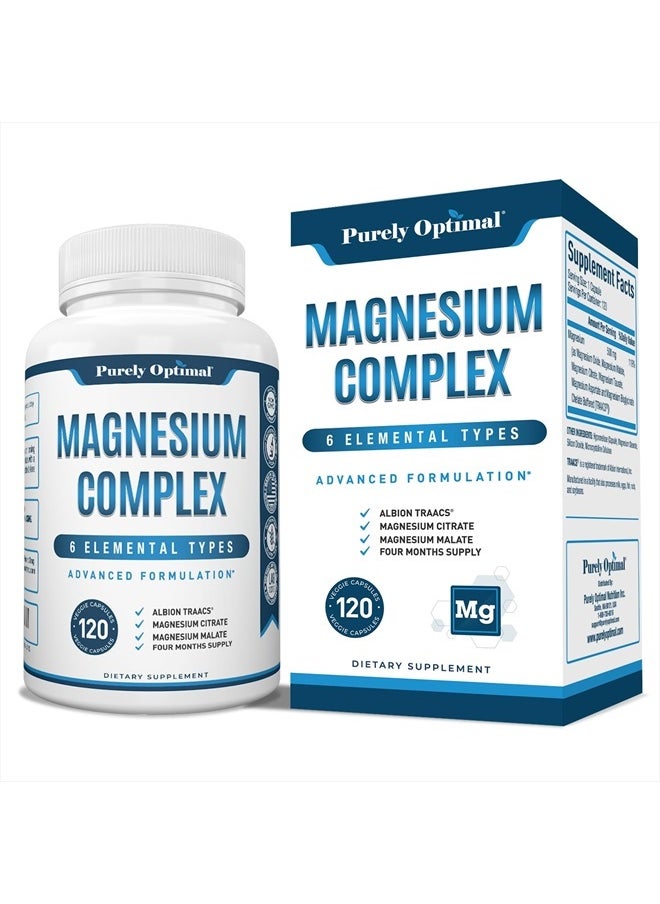 Purely Optimal - Magnesium Complex Supplement - Magnesium Citrate, Malate, Taurate, Oxide, Bisglycinate Chelate, Aspartate 500mg - for Sleep, Leg Cramps, Muscle, Heart - Max Absorption, Gluten-Free, Non-GMO 120 Caps - Image 1