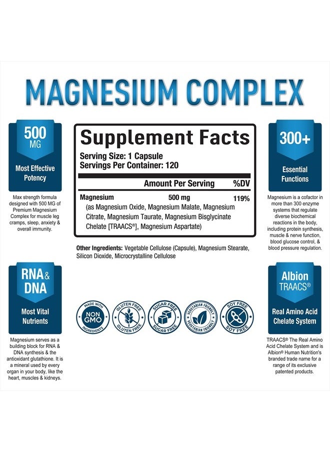 Purely Optimal - Magnesium Complex Supplement - Magnesium Citrate, Malate, Taurate, Oxide, Bisglycinate Chelate, Aspartate 500mg - for Sleep, Leg Cramps, Muscle, Heart - Max Absorption, Gluten-Free, Non-GMO 120 Caps - Image 1