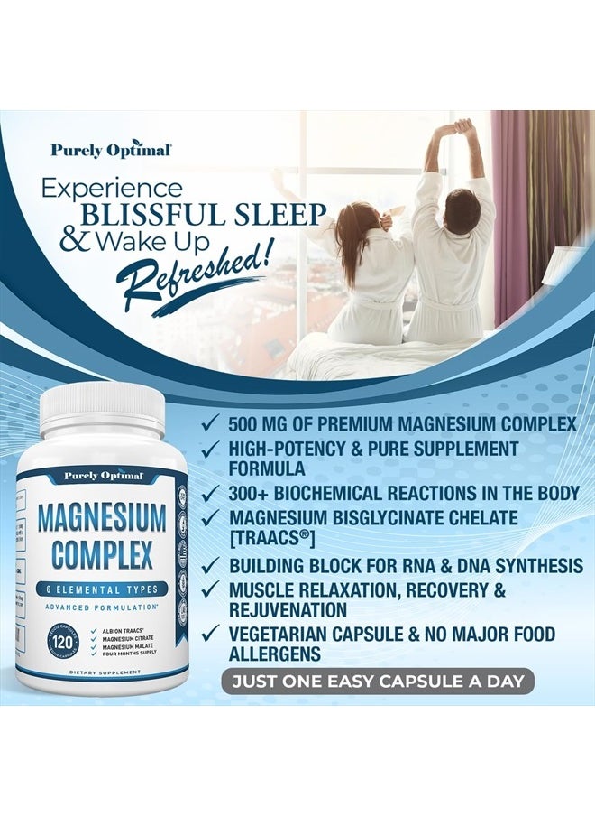 Purely Optimal - Magnesium Complex Supplement - Magnesium Citrate, Malate, Taurate, Oxide, Bisglycinate Chelate, Aspartate 500mg - for Sleep, Leg Cramps, Muscle, Heart - Max Absorption, Gluten-Free, Non-GMO 120 Caps - Image 1