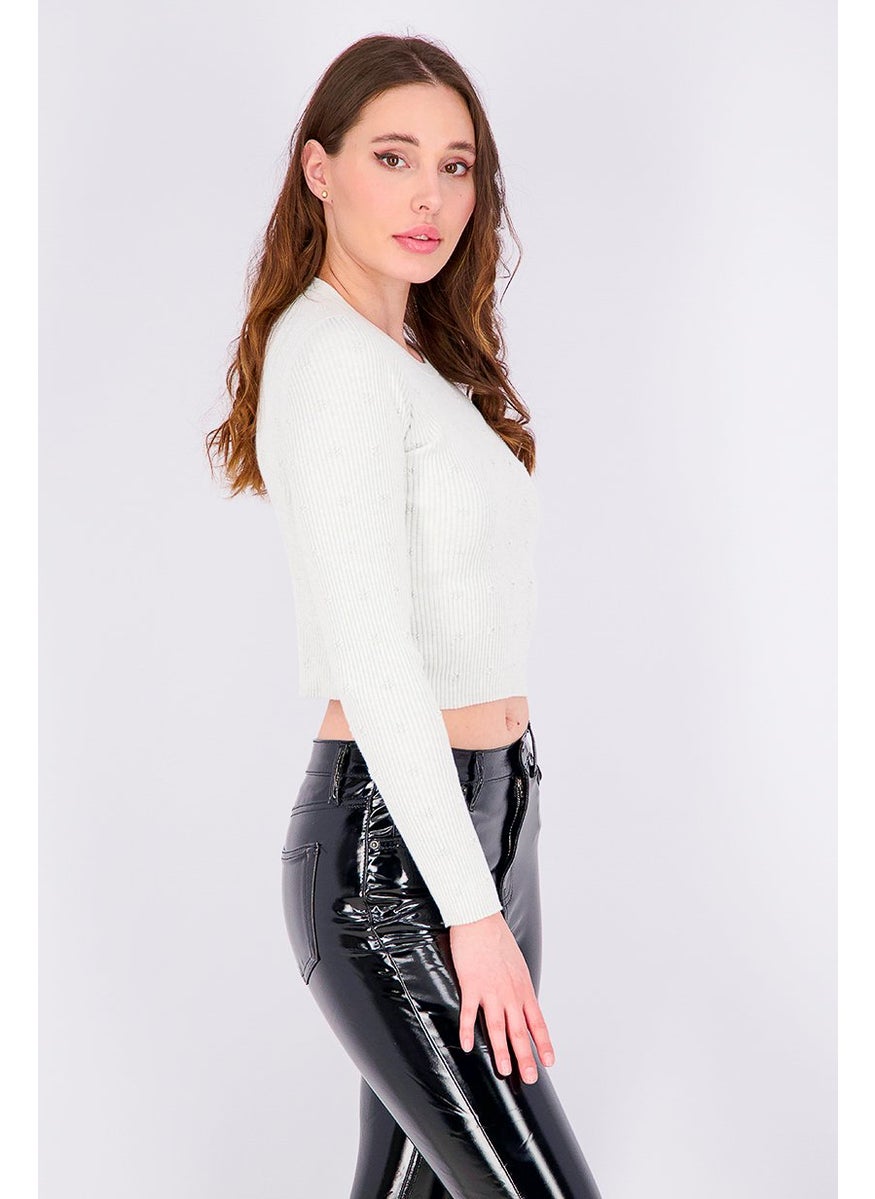 Bershka Women Ribbed Floral Textured Sweatshirt, Gray  - Image 4