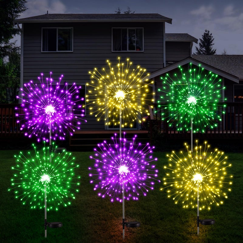 Tujoe 6 Pcs Mardi Gras Solar Firework Lights Solar Lights Outdoor Garden 120 LED 8 Modes Waterproof LED Sparkler Outdoor for Carnival Patio Yard Pathway Walkway (Purple,Yellow,Green) - Image 1
