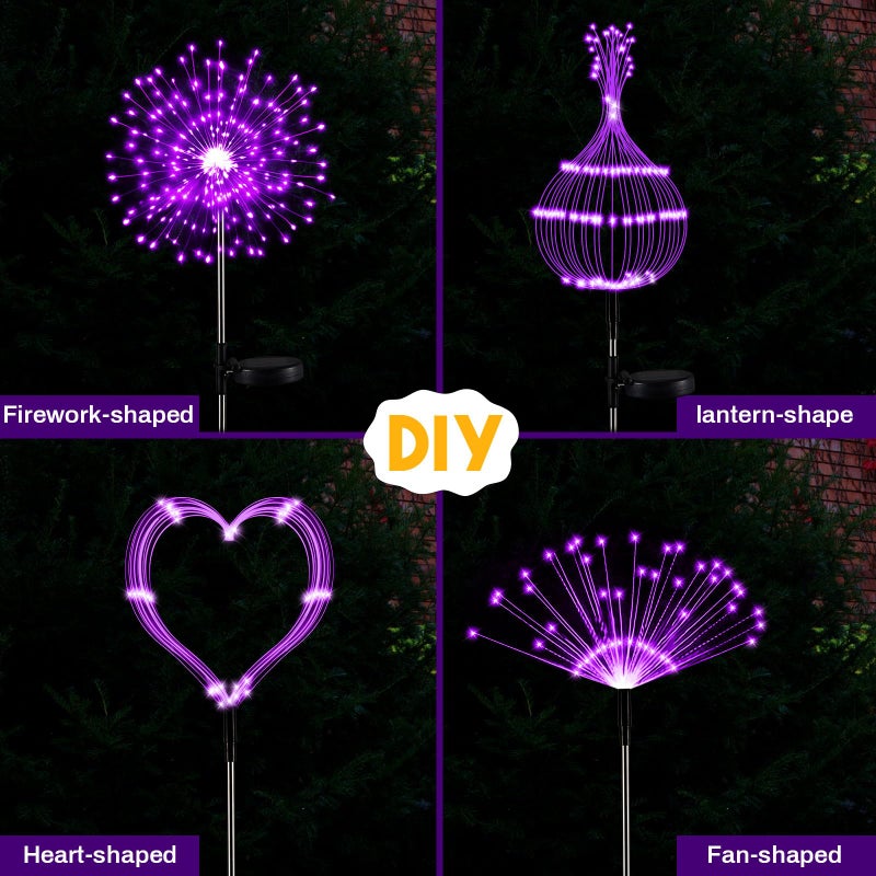 Tujoe 6 Pcs Mardi Gras Solar Firework Lights Solar Lights Outdoor Garden 120 LED 8 Modes Waterproof LED Sparkler Outdoor for Carnival Patio Yard Pathway Walkway (Purple,Yellow,Green) - Image 5