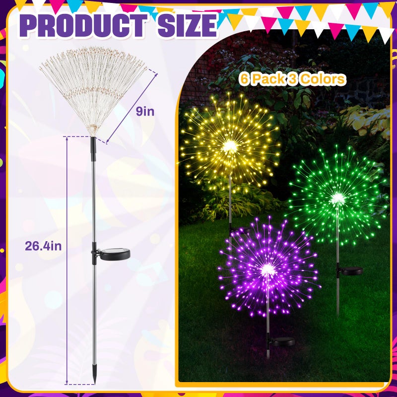 Tujoe 6 Pcs Mardi Gras Solar Firework Lights Solar Lights Outdoor Garden 120 LED 8 Modes Waterproof LED Sparkler Outdoor for Carnival Patio Yard Pathway Walkway (Purple,Yellow,Green) - Image 2
