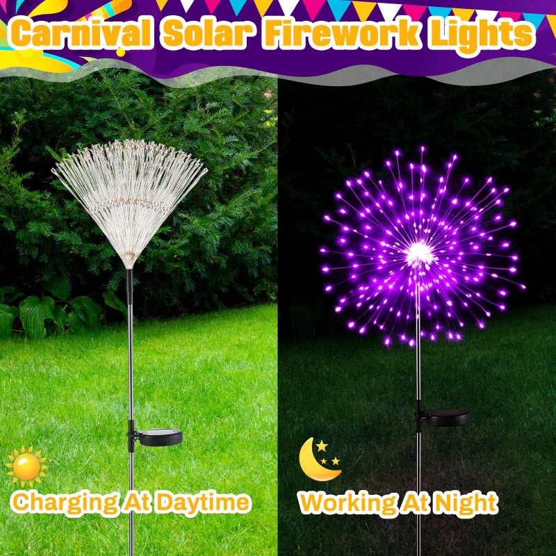 Tujoe 6 Pcs Mardi Gras Solar Firework Lights Solar Lights Outdoor Garden 120 LED 8 Modes Waterproof LED Sparkler Outdoor for Carnival Patio Yard Pathway Walkway (Purple,Yellow,Green) - Image 4