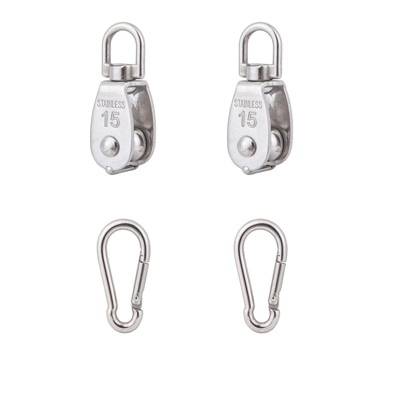 Cadbibe 2Pcs 304 Stainless Steel M15 Single Pulley Block, Wire Rope Hanging Wire Towing Wheel, with 2Pcs Spring Snap Hook - Image 1