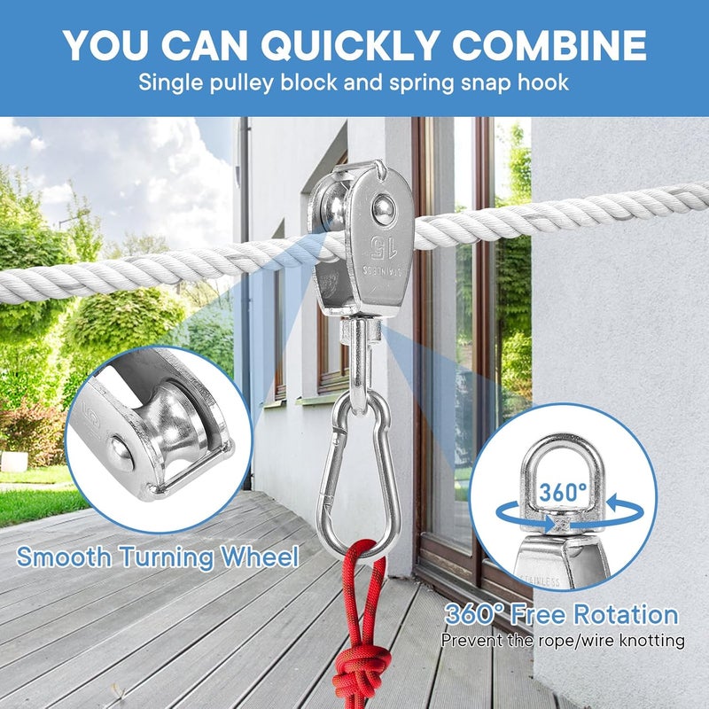 Cadbibe 2Pcs 304 Stainless Steel M15 Single Pulley Block, Wire Rope Hanging Wire Towing Wheel, with 2Pcs Spring Snap Hook - Image 2